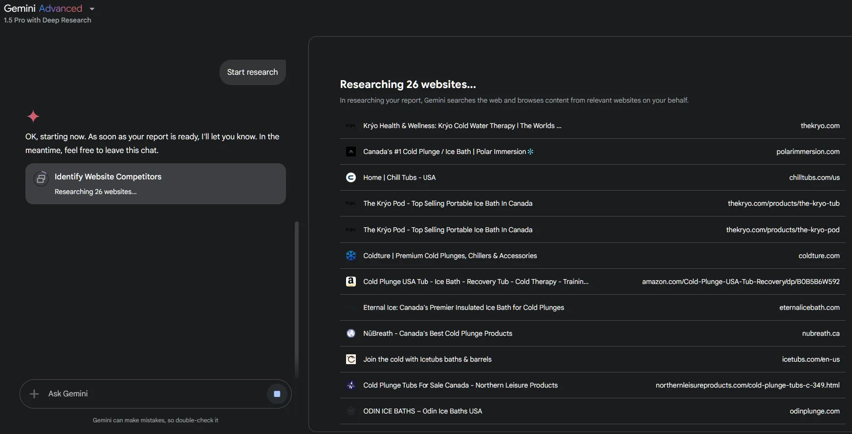 Screenshot of the Google Gemini research interface