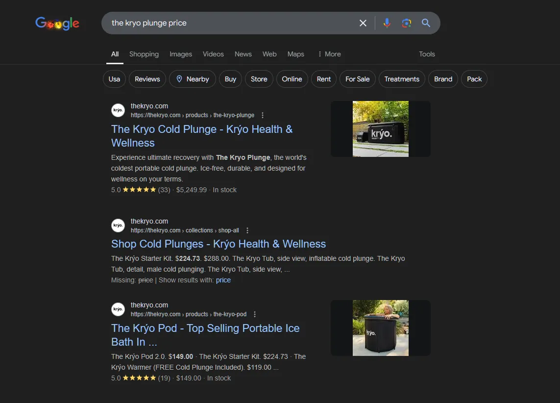 Rich search results in google for Kryo cold plunges